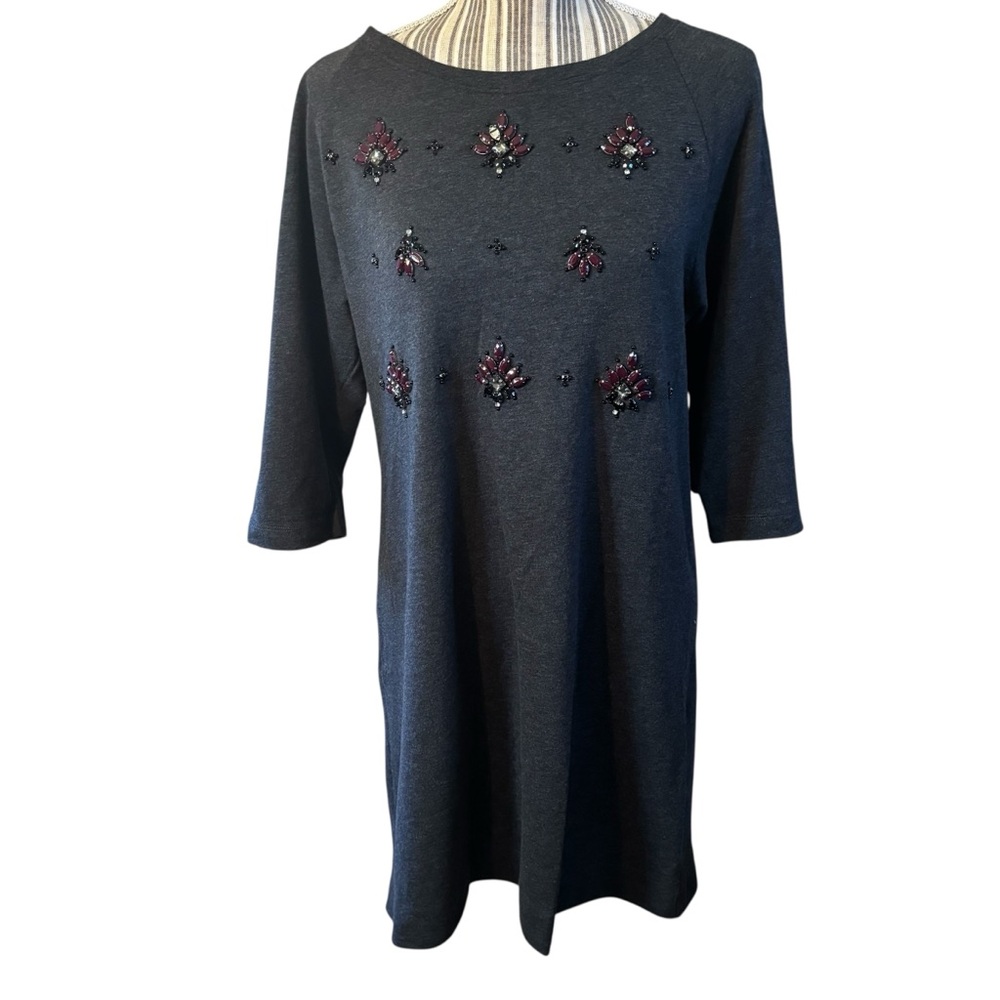 LOFT Shift Dress Medium Tall Charcoal Gray Mini Beaded Embellished 3/4 Sleeve
